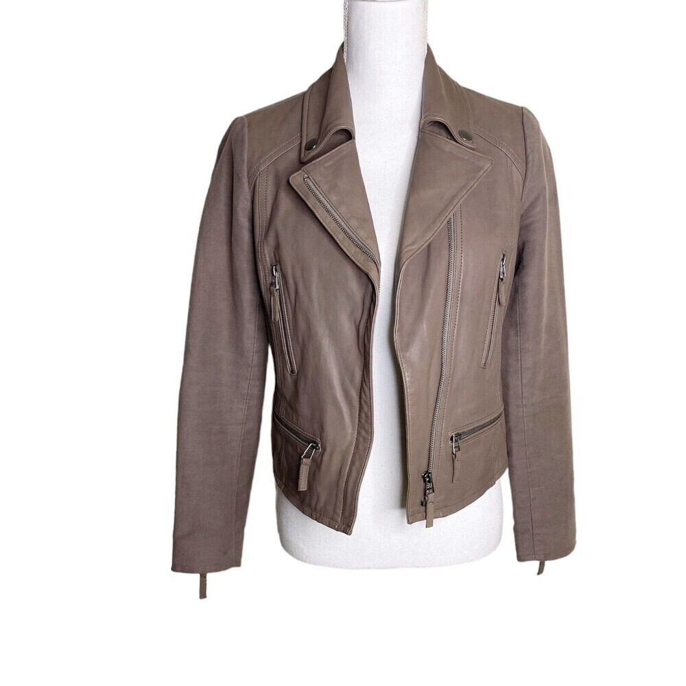 Joie seabrooke mixed media Moto Lamb leather jacket SZ XS Taupe Women Biker